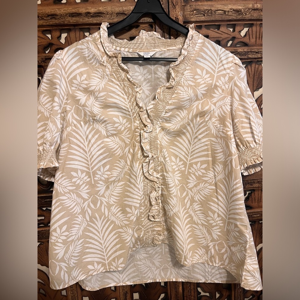 Crown and Ivy Tropical Beige Ruffle Blouse